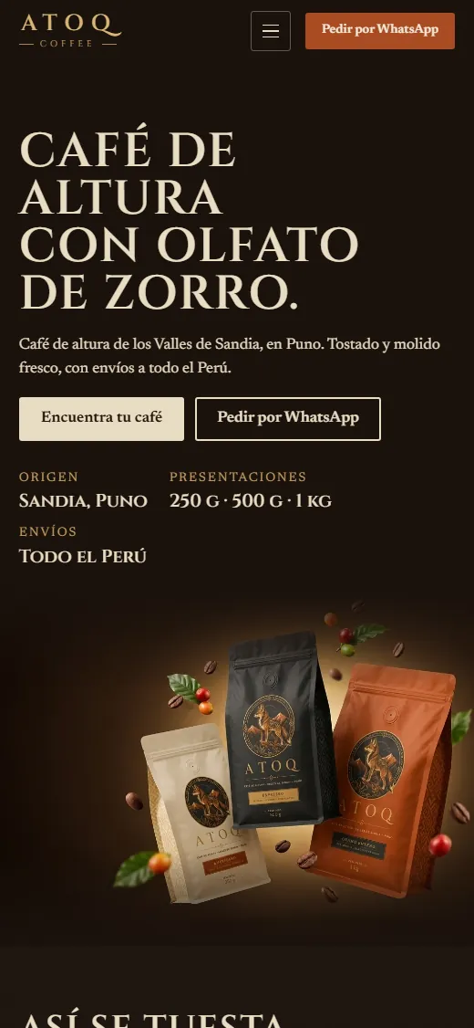 Portada de la web de ATOQ COFFEE en celular, hecha por MOZART